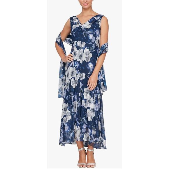 Alex Evenings Women's Sleeveless Printed Chiffon Dress with Shawl